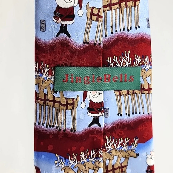 Jingle Bells Men’s  Novelty Fun Christmas Tie Santa Reindeers Blue Red 100% Silk - Picture 6 of 8